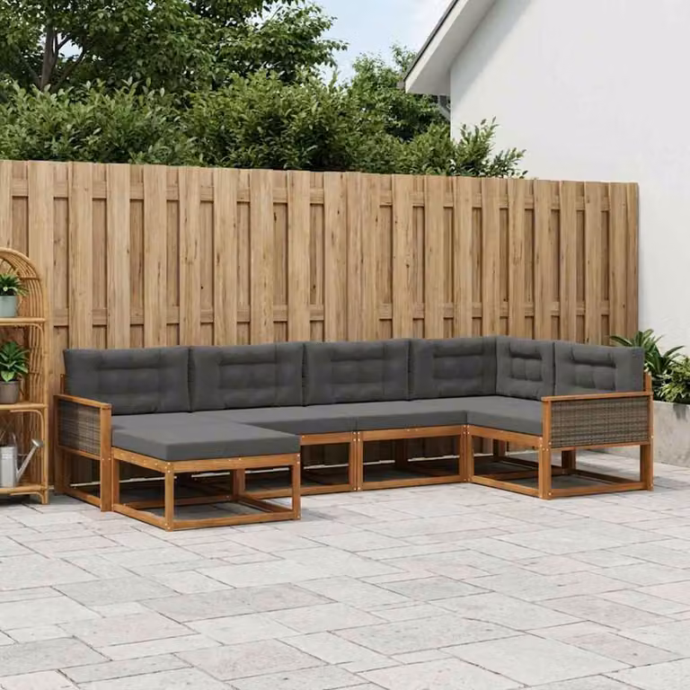 Set di divani da esterno vidaXL a forma di L in legno di acacia con pouf e cuscini, Beige e Antracite