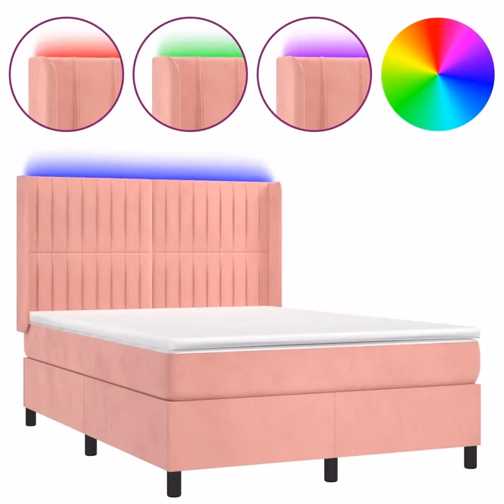 Letto a Molle con Materasso vidaXL in Velluto Rosa e Bianco con Illuminazione LED e Porte USB L/P/H: 140 x 190 x 128 cm – 2