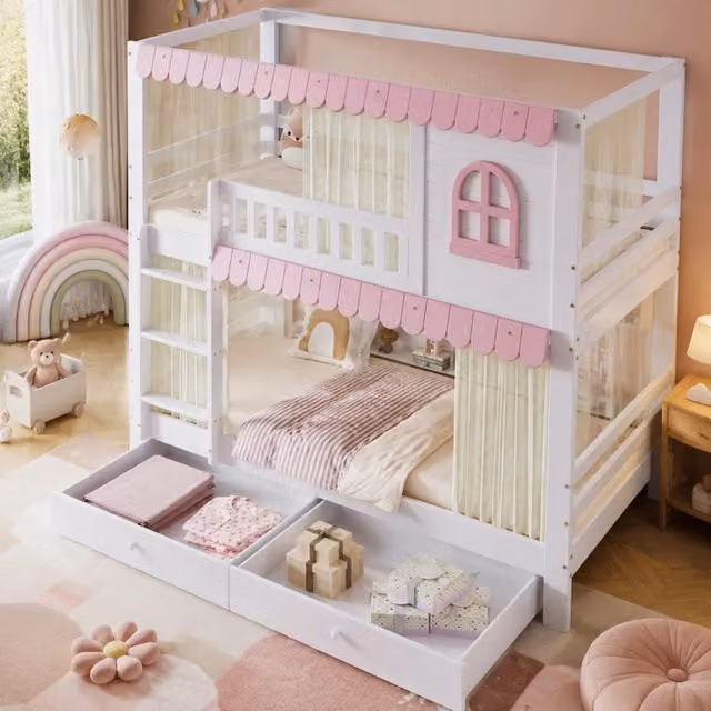 Letto a castello ULEVR 90x200 cm con finestre, tende, 2 cassetti su ruote e ripiani aperti, bianco e rosa
