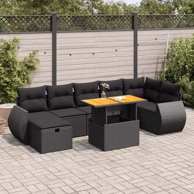 Set Divani da Giardino 5 pz con Cuscini Nero Polyrattan Acacia 3328063
