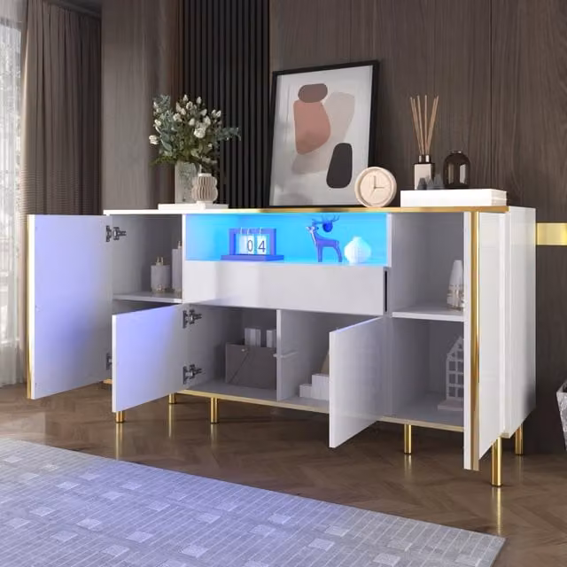 Madia Mivray moderna con 4 ante, 1 cassetto e illuminazione LED integrata, finitura bianco lucido con dettagli dorati, L: 150 cm, P: 40 cm, H: 80 cm