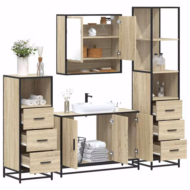 Set di mobili da bagno industrial vidaXL composto da 4 pezzi in legno e metallo marrone con armadietto specchio, mobile lavabo, mobile laterale e colonna alta