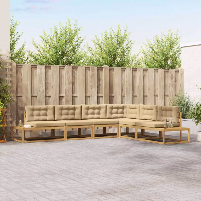 Set di divani da esterno vidaXL a forma di L composto da 6 pezzi in legno di acacia con cuscini in poliestere bianco, beige e marrone