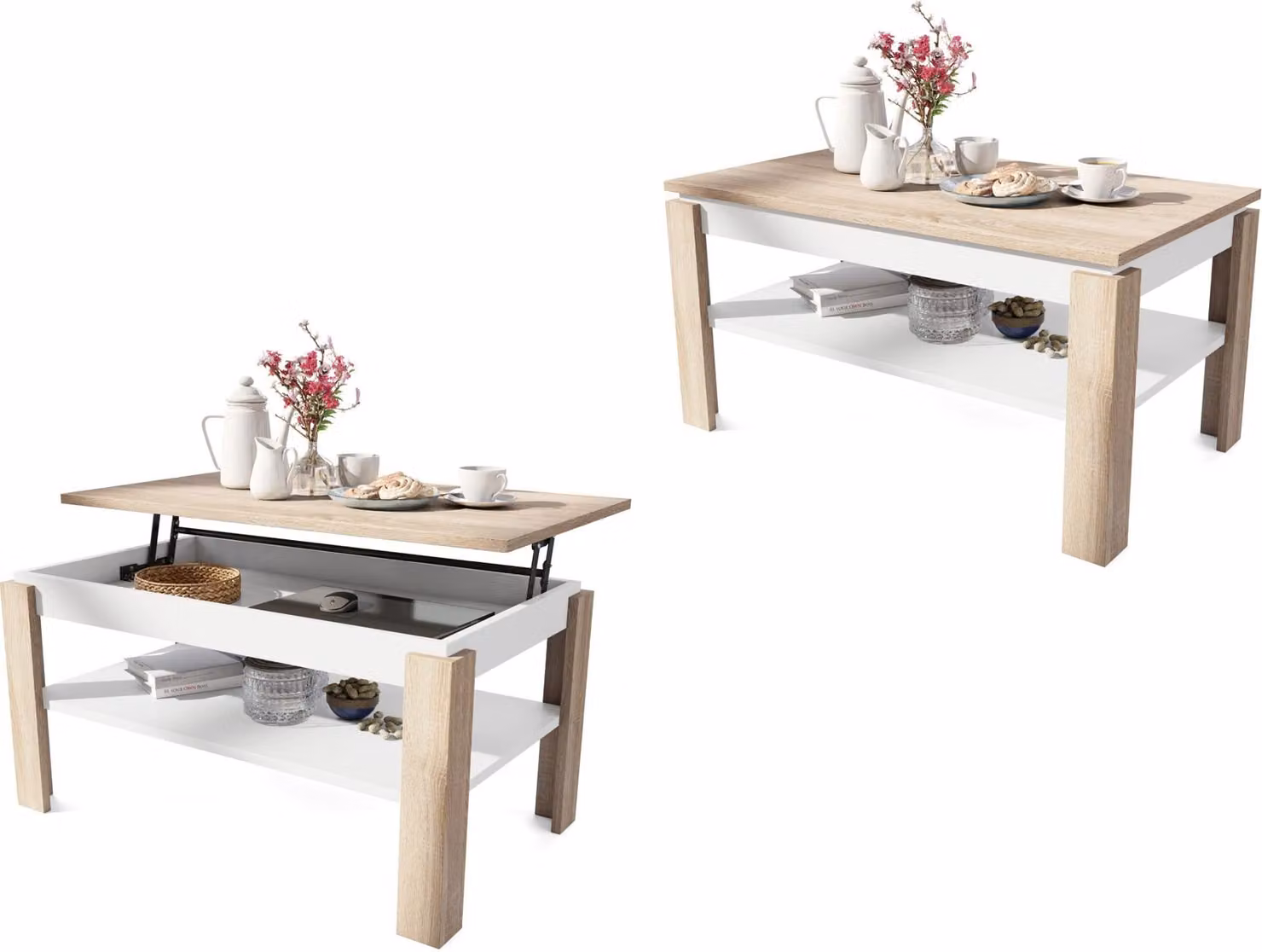 Tavolino All4All Asti, P, tavolino da salotto, tavolino da caffè, tavolino con vano portaoggetti, tavolino da divano con ripiano, regolabile in altezza, 100x60 cm, rovere Sonoma + bianco