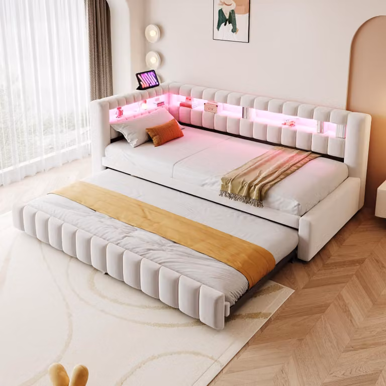 MODFU Letto imbottito 90×200 con illuminazione a LED, senza materasso, letto pieghevole con contenitore, letto matrimoniale con caricatore USB, letto in legno estraibile, beige