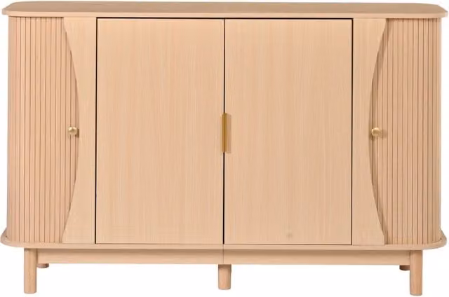 Sideboard in MDF 140x40x88 cm con 2 ante scorrevoli e bordi arrotondati, armadio contenitore in legno naturale per soggiorno e ingresso
