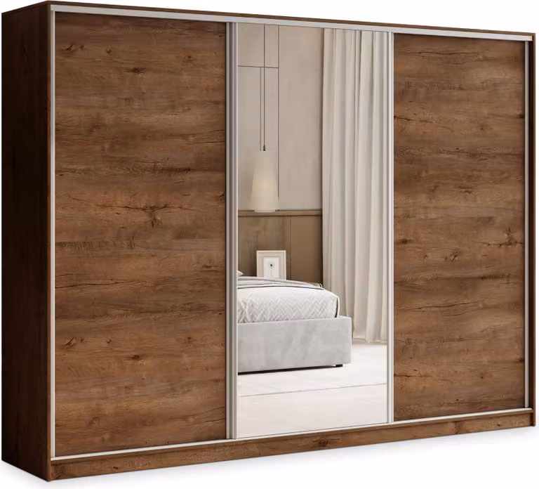 Armadio scorrevole Masseno TARI 235/205/58 cm Armadio con 4 cassetti Armadio per camera da letto a 3 ante con specchio Rovere Lefkas
