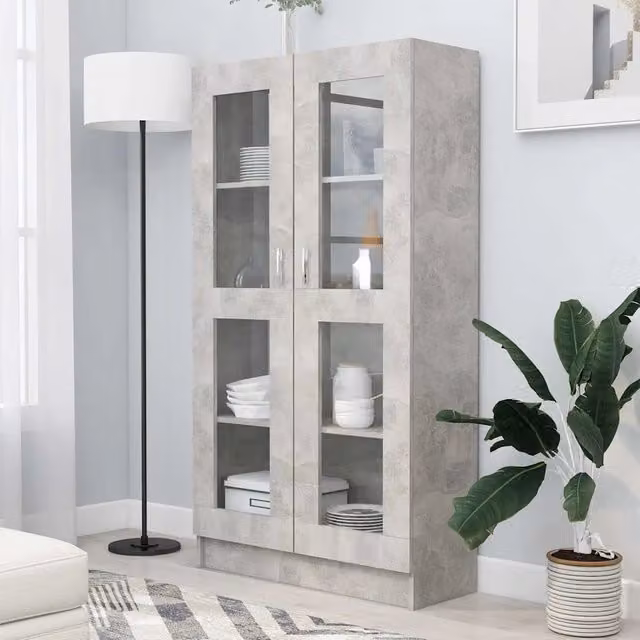 Armadietto Vetrina vidaXL Grigio con Ante in Vetro e Ripiani Interni, L/P/H: 82,5 x 30,5 x 150 cm