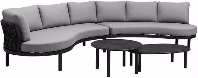 Set da salotto tondo Alubias Vacchetti per 6 persone in alluminio con corda antracite e cuscini grigi