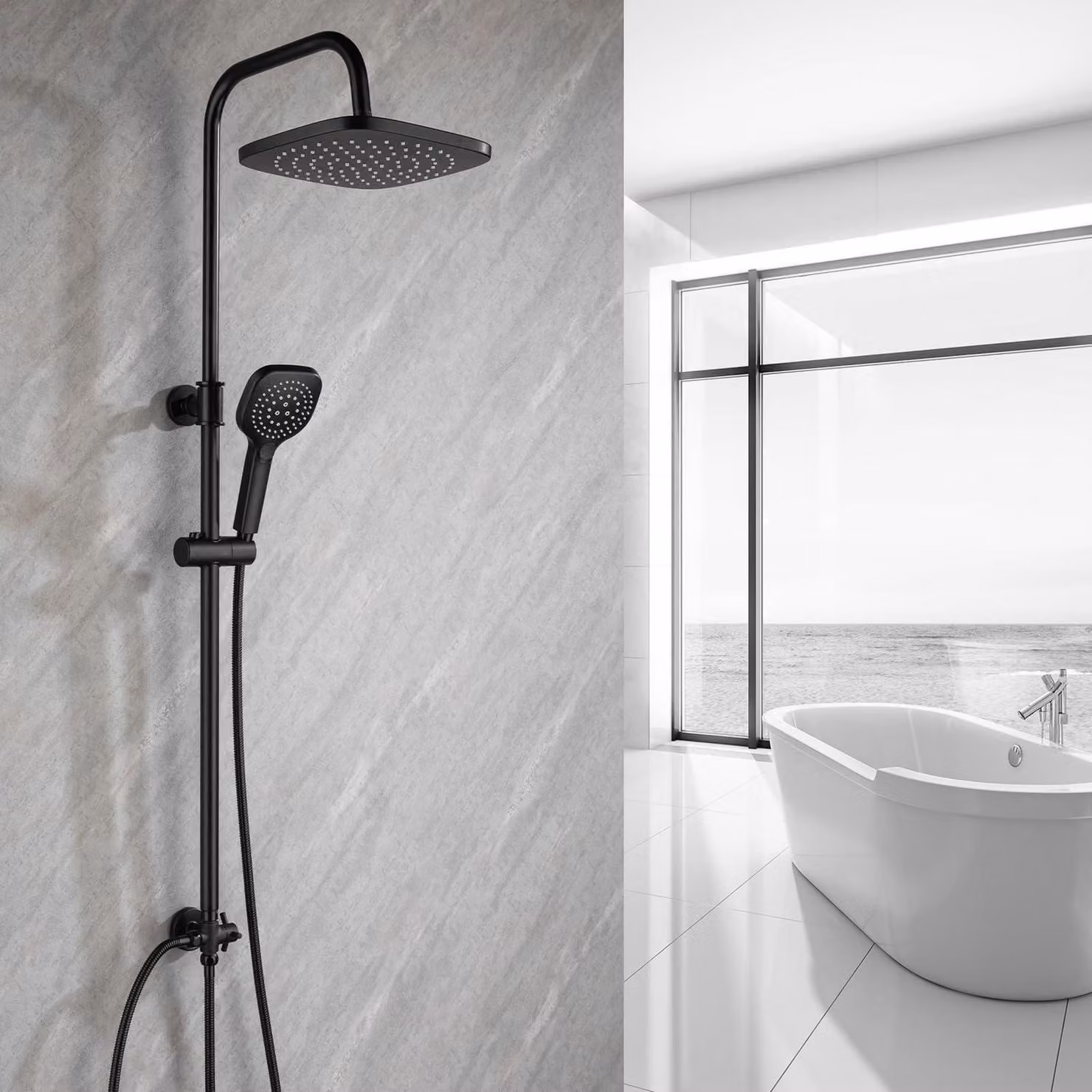 Sistema doccia senza miscelatore, con doccia a pioggia da 25 cm e 3 getti, regolabile in altezza da 79 a 128 cm, design squadrato e colore nero
