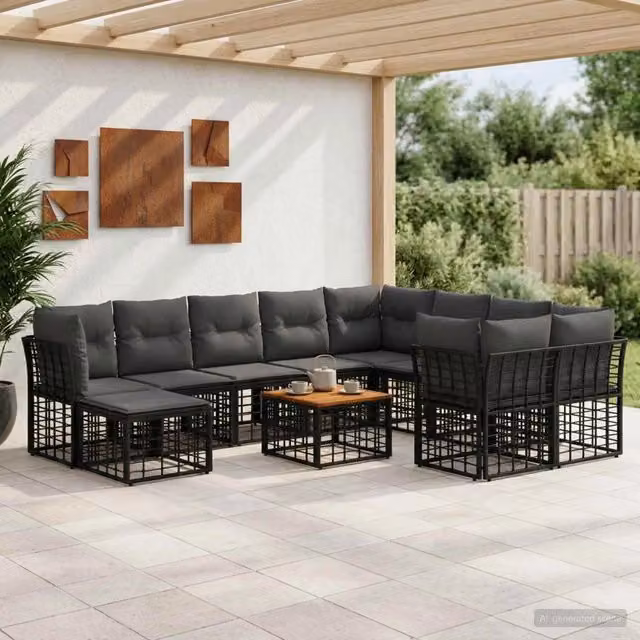 Set di divani da esterno 11 pz Nero e Grigio scuro polyrattan 3437623