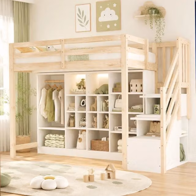 Letto a soppalco 90 x 200 cm con scaffali; armadio; scala contenitore e LED; legno naturale e bianco