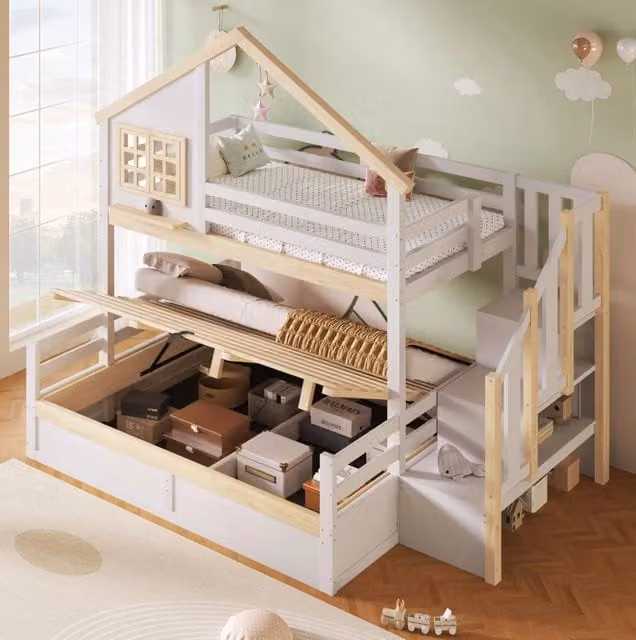 Letto a castello per bambini con design casetta, contenitore idraulico e scala, in legno e MDF, bianco e beige, L/P/H: 254 x 120 x 214 cm