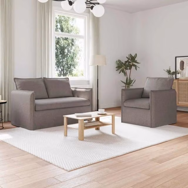 Set di 2 divani moderni vidaXL in tessuto beige e grigio con struttura in metallo e cuscini inclusi – 1