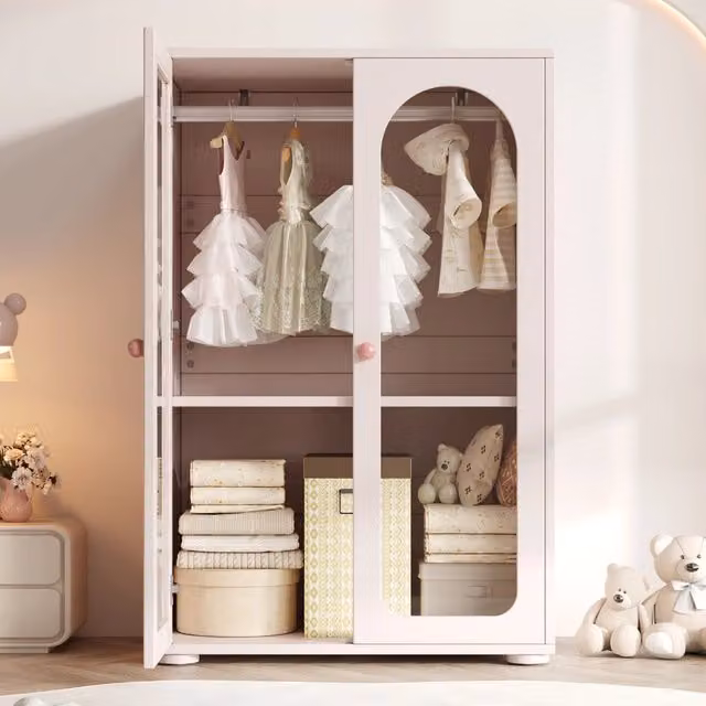 Desviae Armadio a 2 ante con asta appendiabiti e ripiani regolabili, porte trasparenti in acrilico, rosa baby 80 × 50 × 120 cm