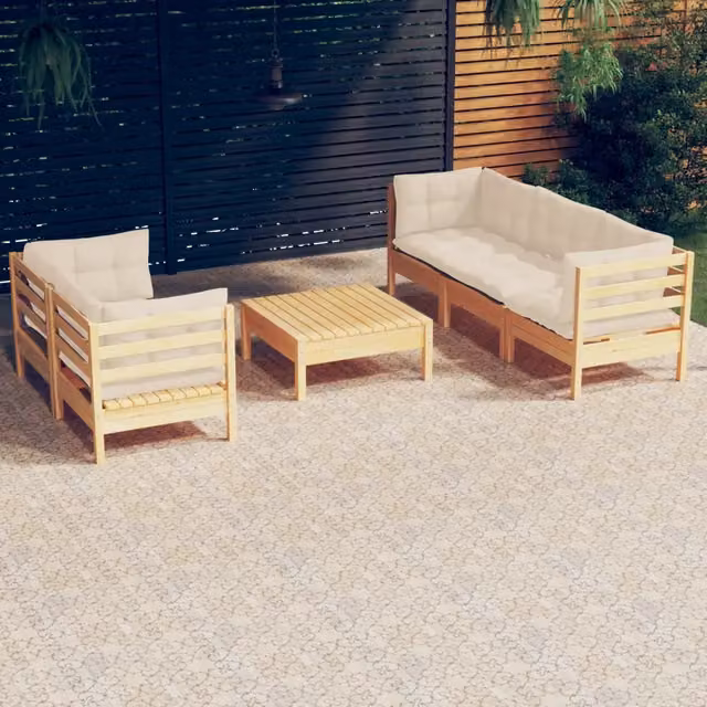 Set Salotto da Giardino 6 pz con Cuscini Crema Legno di Pino 3096112