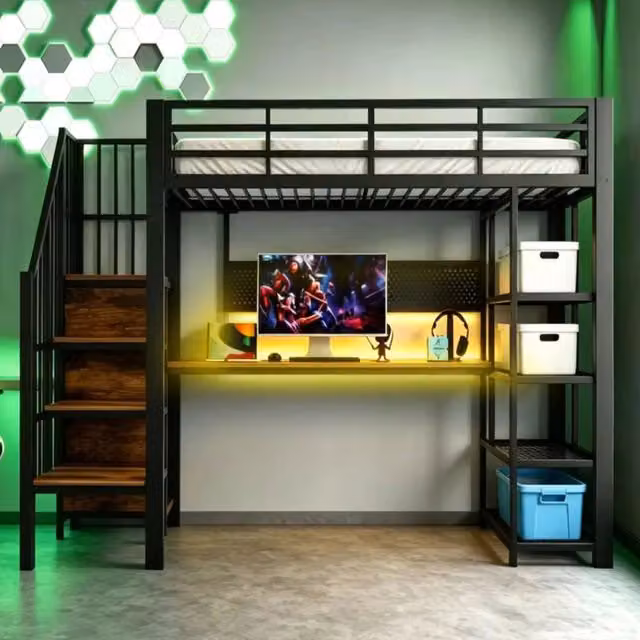 Letto a soppalco singolo MIVRAY in metallo e legno nero con scrivania, scala contenitore, illuminazione LED e prese USB, dimensioni 90 x 200 cm