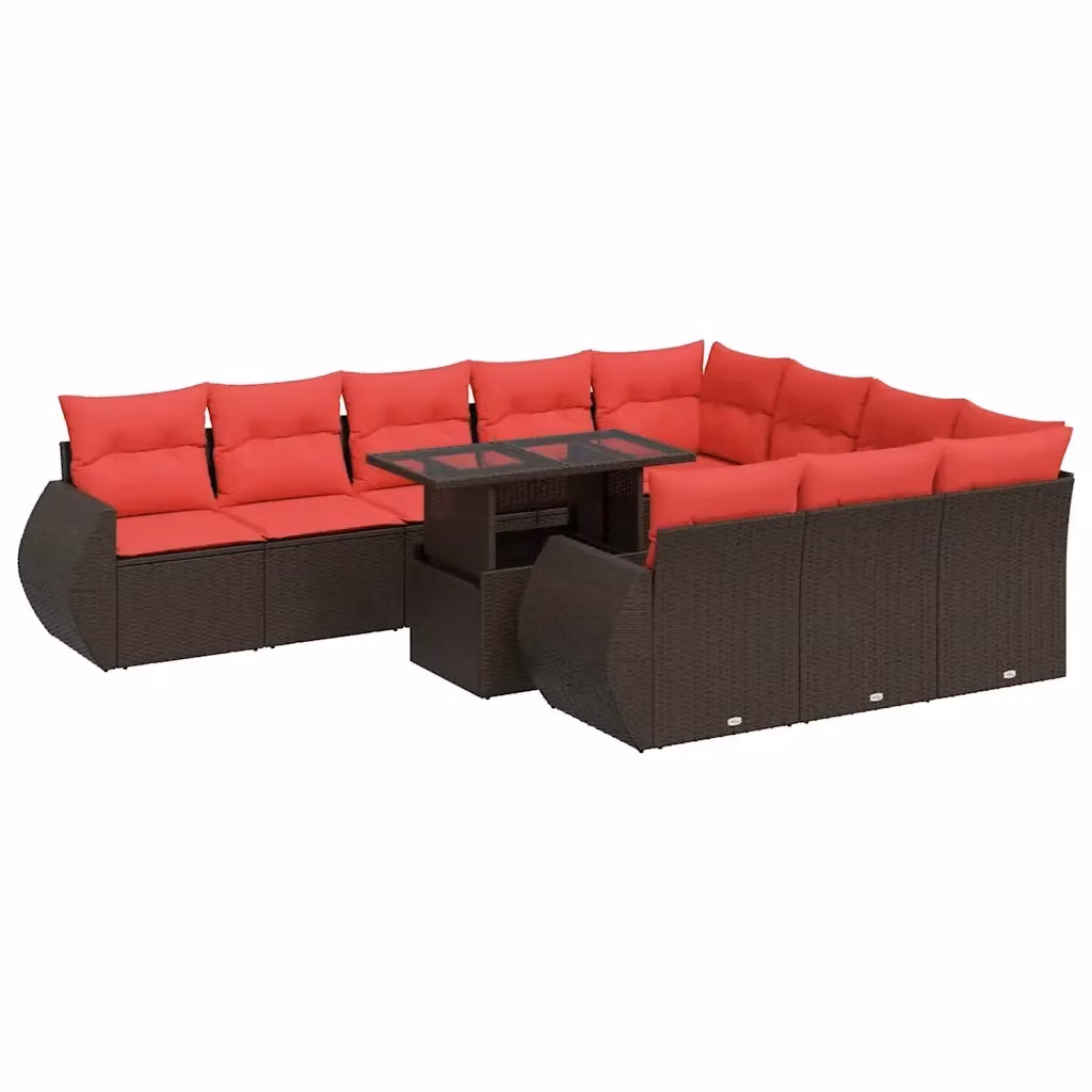 Set di divani da giardino vidaXL in polyrattan marrone con cuscini e tavolino da caffè, composizione a forma di U da 11 pezzi – 2