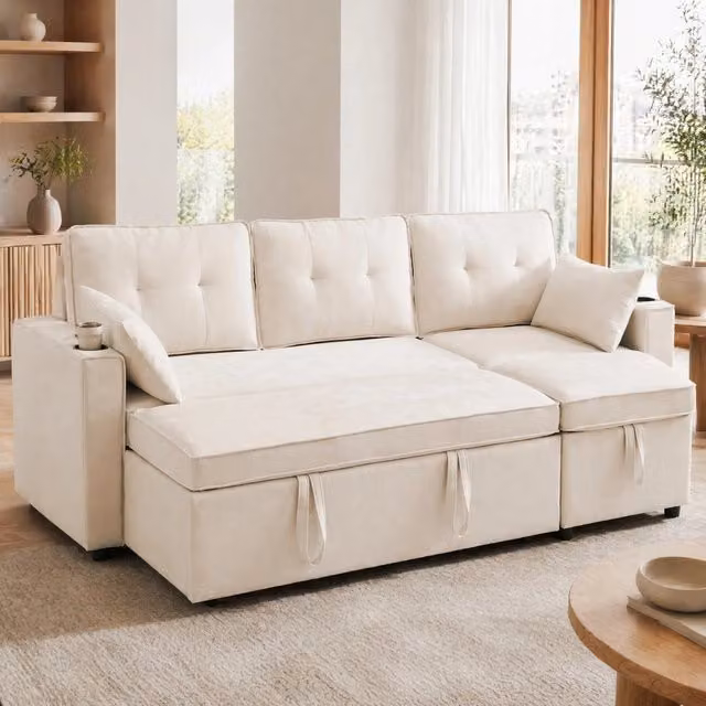 Divano Letto Angolare REDOM Beige in Cotone e Lino con Contenitore e Funzione Notte L/P/H: 211 x 130 x 86 cm