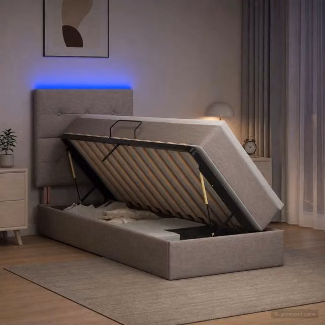 Letto con contenitore e materasso vidaXL in tessuto beige e grigio con illuminazione LED e porte USB L/P/H: 204 x 100 x 140 cm – 1
