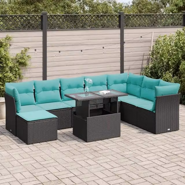 Set Divani da Giardino 9 pz con Cuscini Nero Polyrattan Acacia 3326208