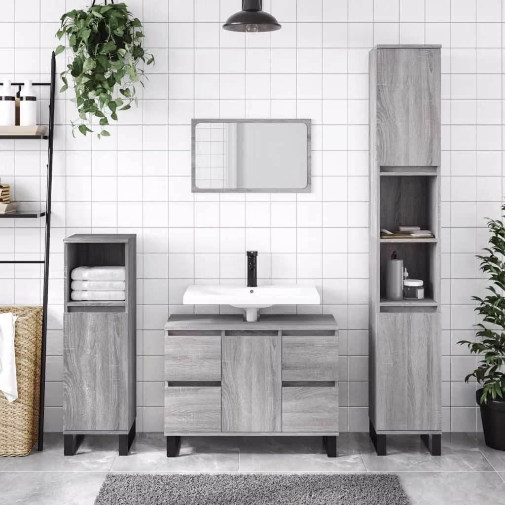 Armadietto da bagno vidaXL in stile industriale, colore grigio, con ripiani interni e ante a battente, L/P/H: 30 x 30 x 100 cm