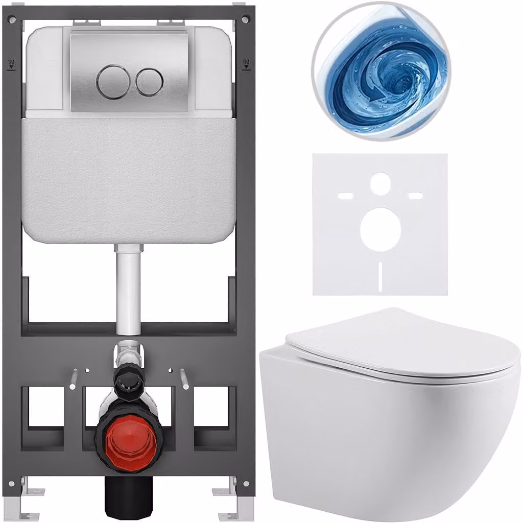 CERANO - Set WC da incasso Cesso - bianco opaco - pulsante Prime/Dualo, argento - modello a pavimento - installazione a parete/cartongesso - 49x36 cm