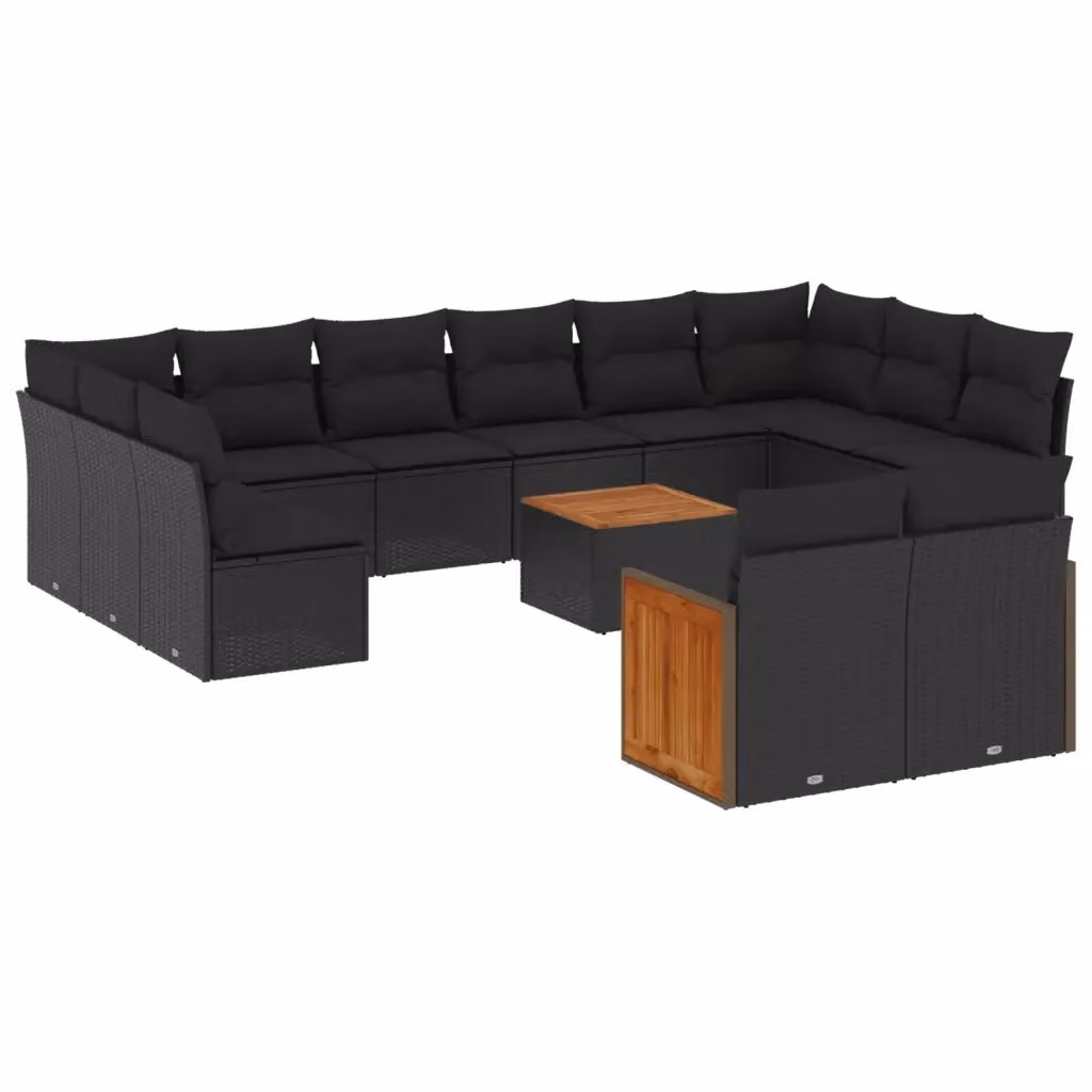 Set di divani da giardino vidaXL a forma di U composto da 13 pezzi con cuscini e tavolino da caffè nero in rattan e legno di acacia – 2