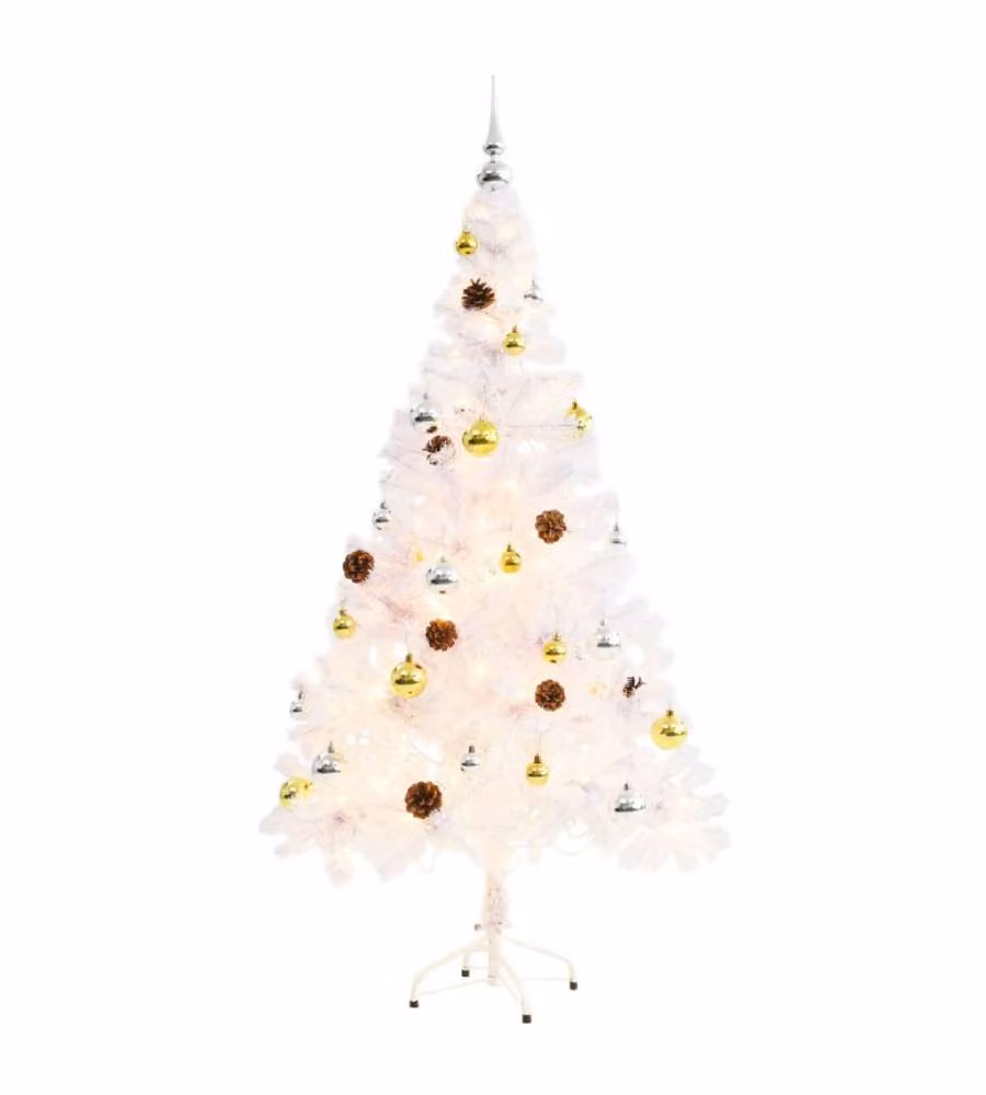 Albero di Natale Artificiale con Palline e LED 150 cm Bianco