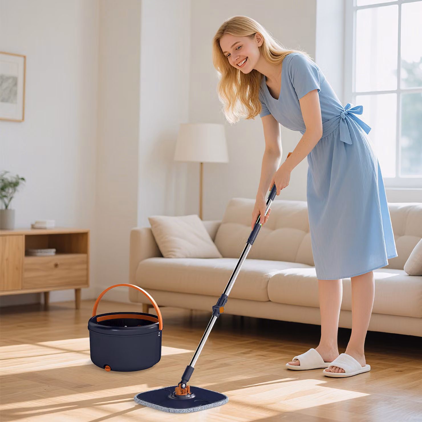 Set mocio piatto e secchio con strizzatore Costway, colore blu, con 2 testine ricaricabili e 9 panni in microfibra per pulizia a umido e asciutto