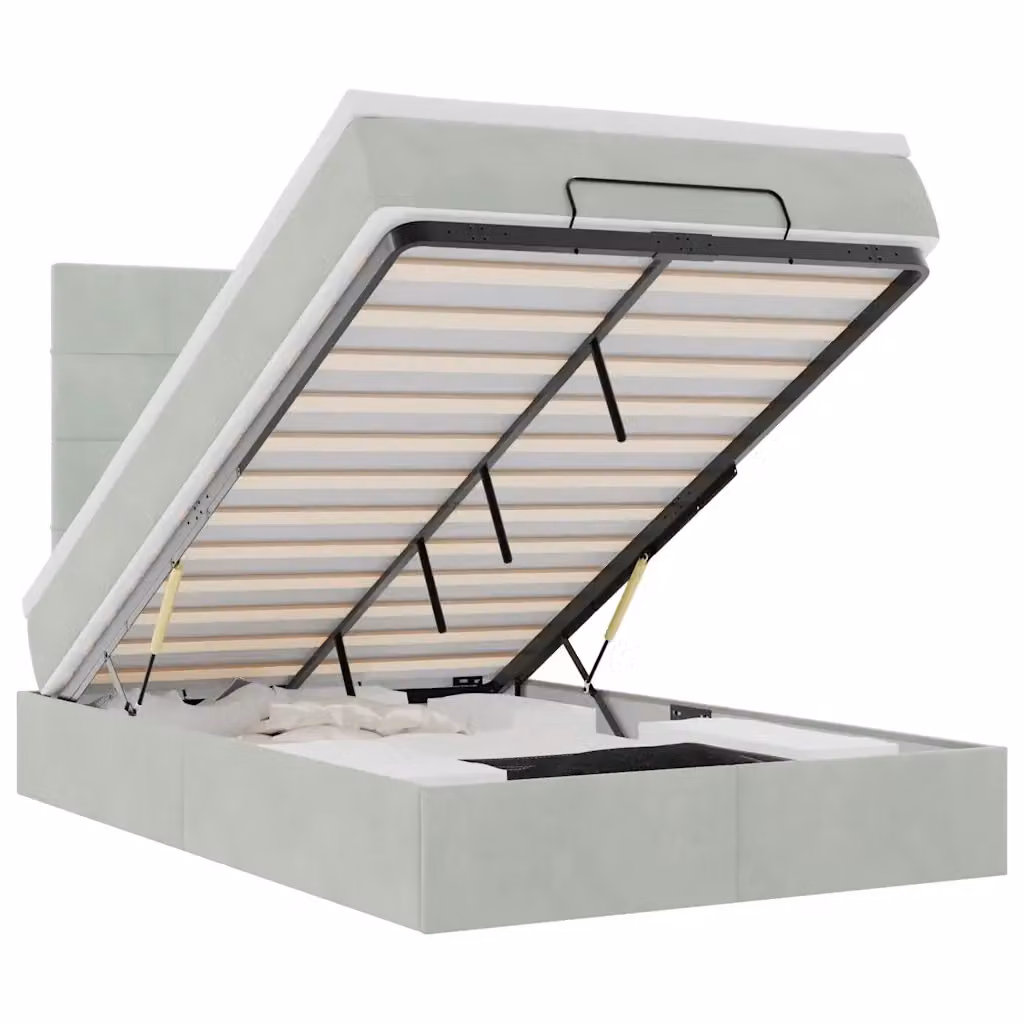 Letto moderno vidaXL in velluto con base contenitore a sollevamento, illuminazione sottostante e porta di ricarica USB, Grigio e Bianco, L/P/H: 200 x 120 x 193 cm – 2