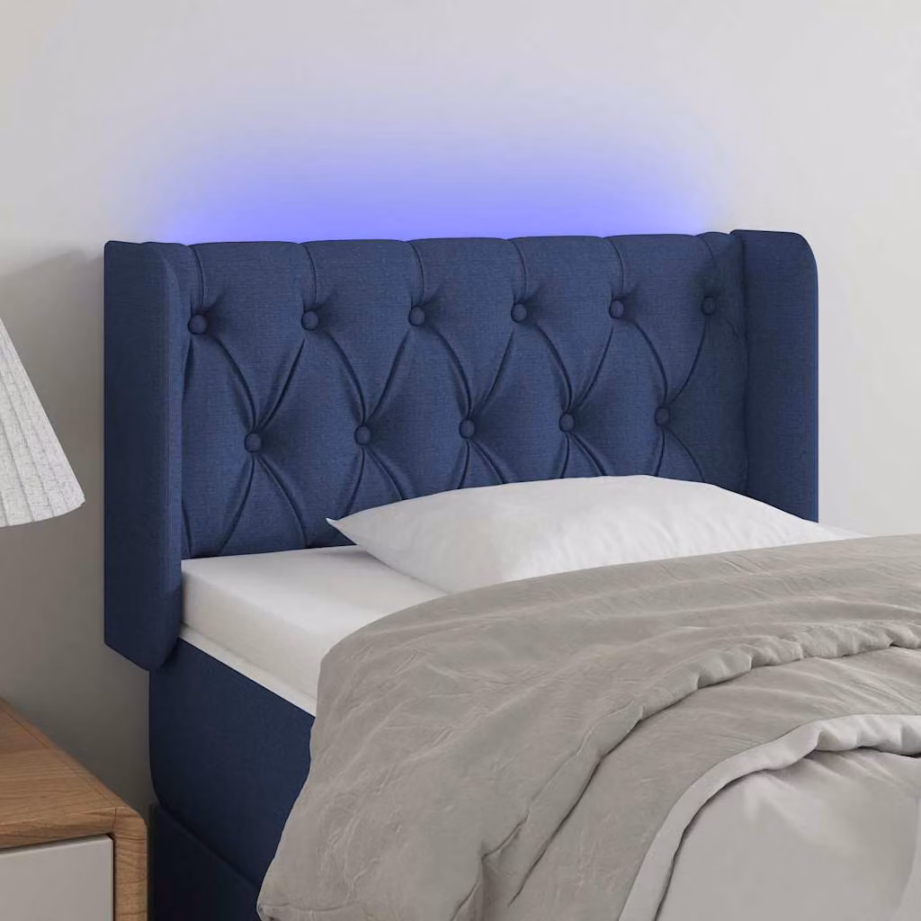 Testiera per letto vidaXL in tessuto blu con illuminazione LED e porta di ricarica USB, L: 83 cm, P: 16 cm, H: 78-88 cm