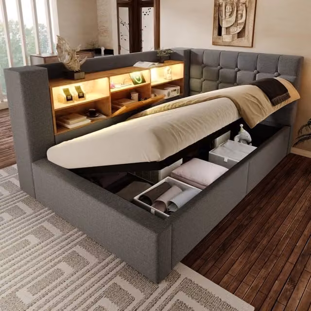 Letto singolo imbottito 90x200 cm con illuminazione LED, vano contenitore idraulico e testiera a L reversibile, tessuto lino grigio (senza materasso)