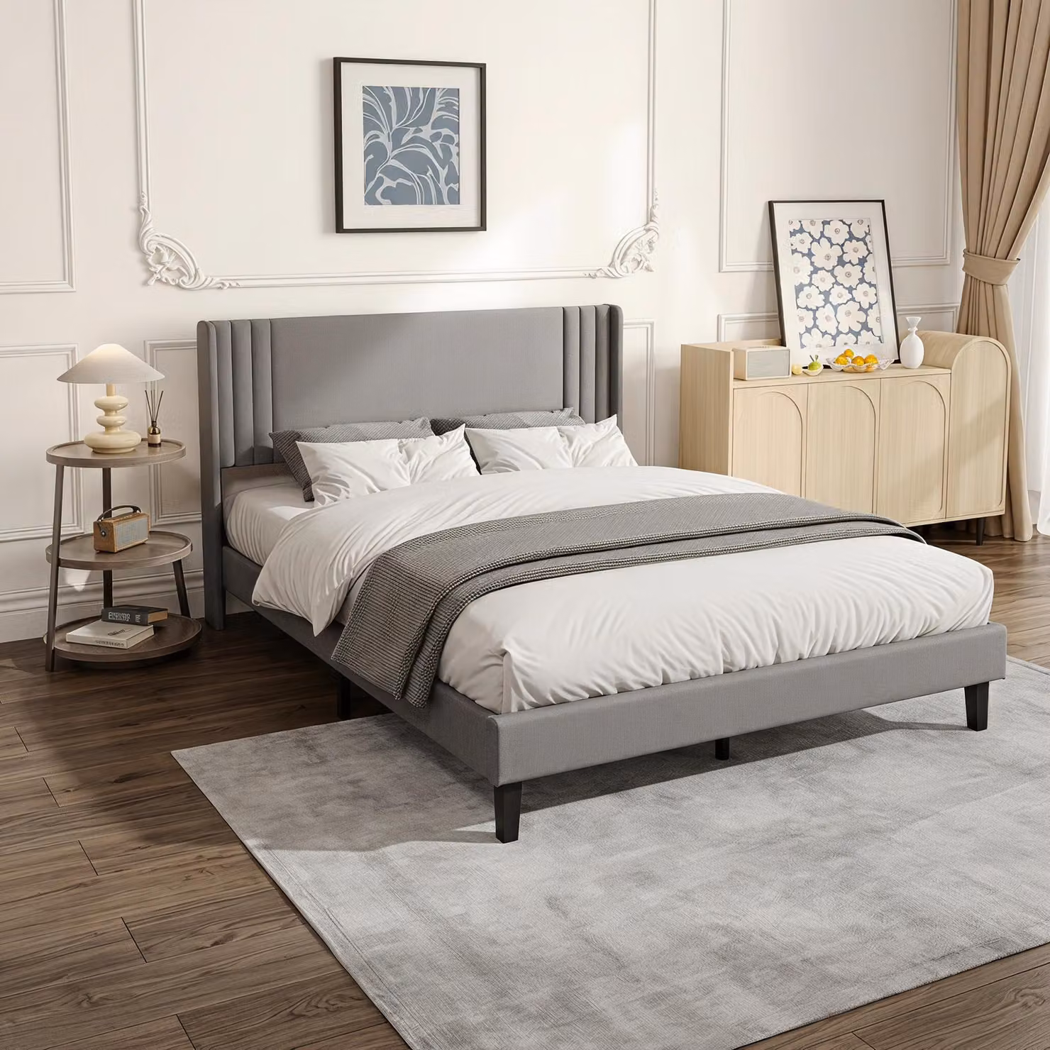 Letto imbottito INONEFT, 140 x 200 cm, letto matrimoniale con testiera imbottita, letto per ragazzi con rete a doghe, senza materasso, tessuto: lino, colore: grigio