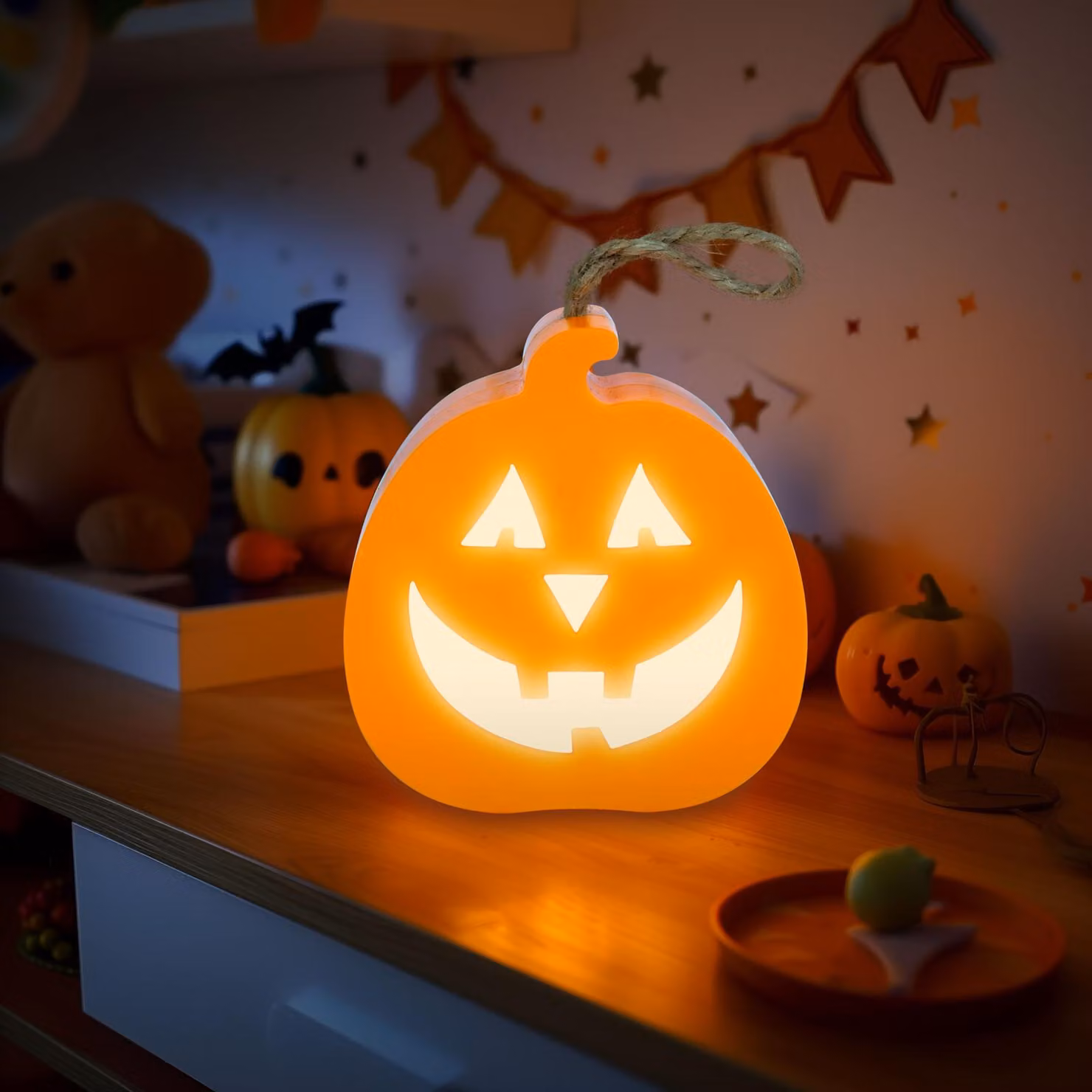 Decorazione LED per Halloween - zucca - LED RGB - 3 batterie LR1130 - 8,5 x 9 x 4 cm