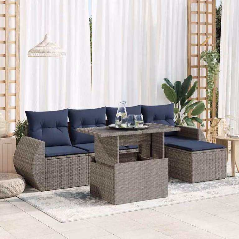 Set Divano da Giardino vidaXL a Forma a L in Polyrattan con Cuscini e Tavolino, 6 Pezzi, Grigio e Blu