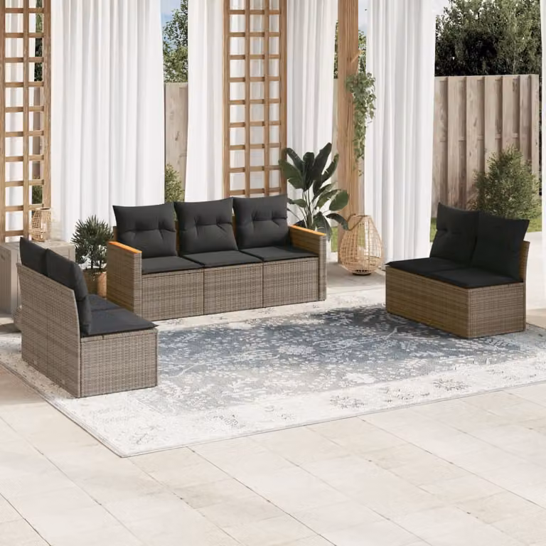 Set di divani da giardino vidaXL in 7 pezzi con cuscini grigi e struttura in metallo resistente ai raggi UV