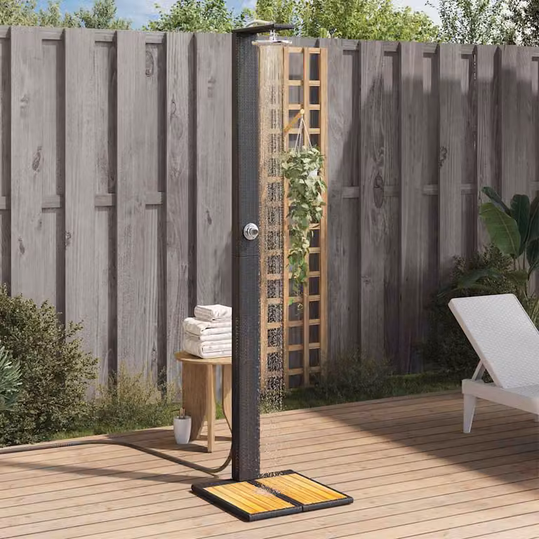Doccia da esterno vidaXL in polyrattan e legno di acacia, colore nero, L: 50 cm, P: 55 cm, H: 224 cm