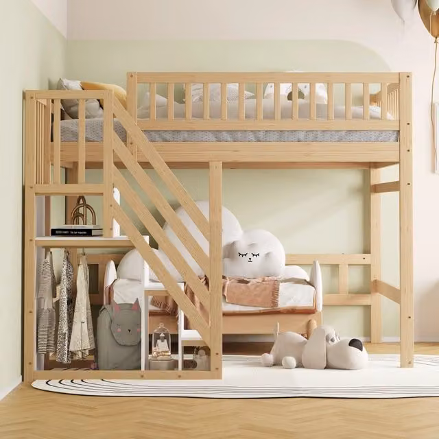 Letto per bambini 140x200 in legno massello con scala contenitore e sponde alte; colore naturale