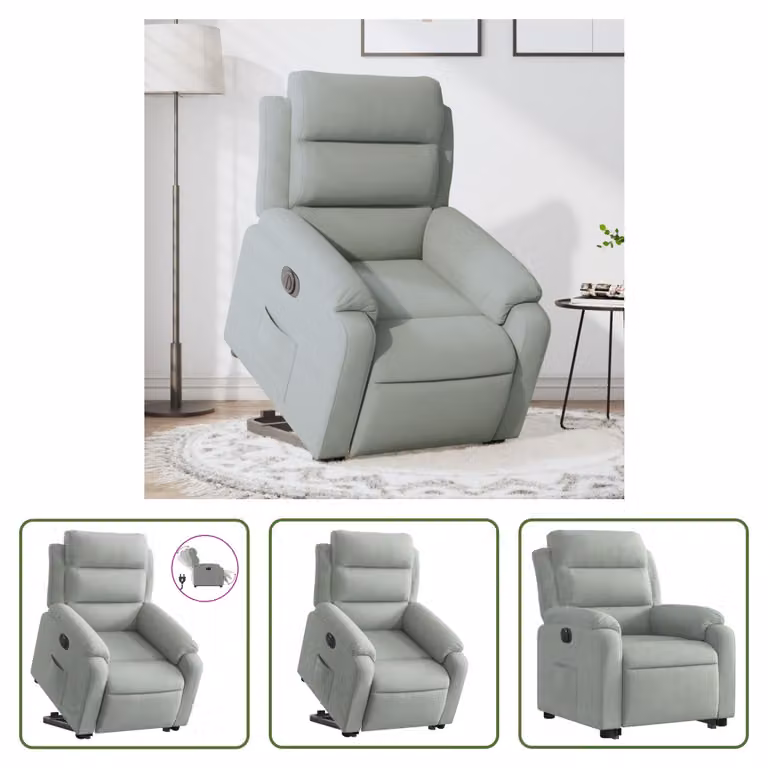 The Living Store Poltrona relax con supporto elettrico in velluto grigio chiaro