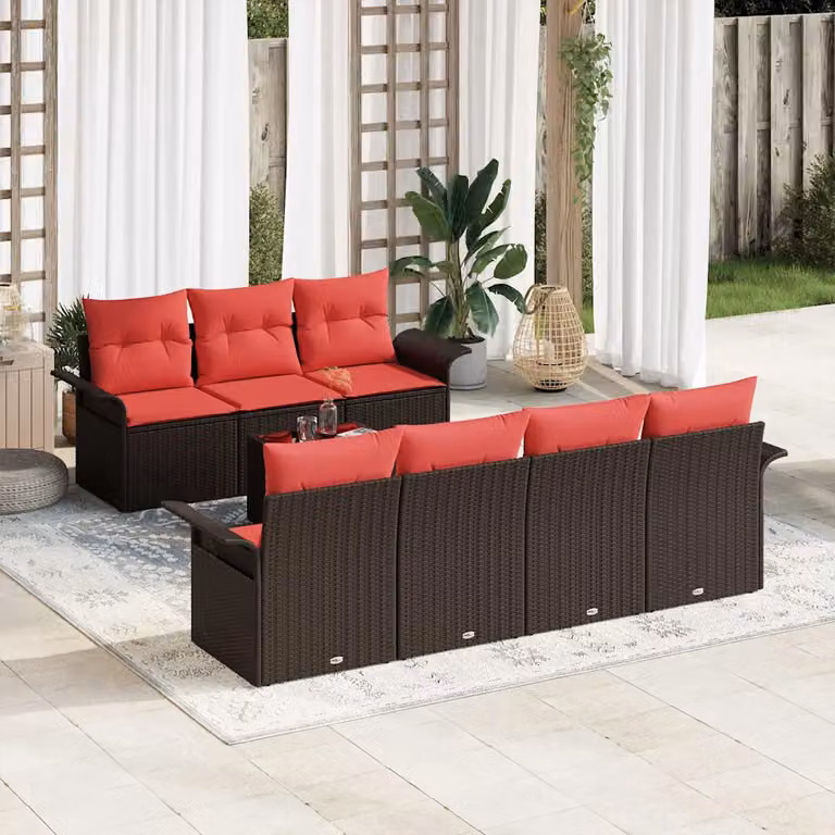 Set Divano da Giardino vidaXL 8 Pezzi a Forma di U con Tavolino, Polyrattan e Cuscini Beige e Rosso