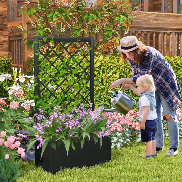 Letto da giardino rialzato Costway con traliccio da 112 cm per piante rampicanti in WPC nero per interno ed esterno