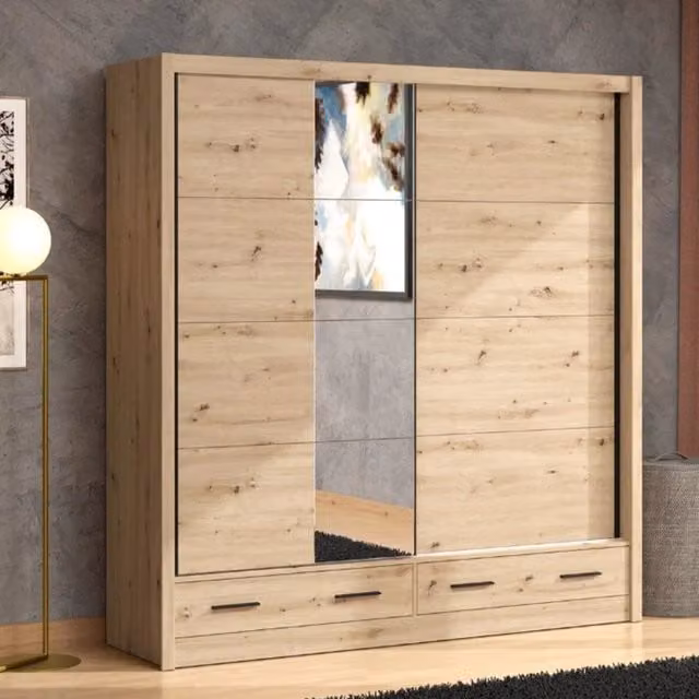 Armadio Copala DMORA per camera da letto con ante scorrevoli, specchio e cassetti integrati, colore marrone rovere, L: 205 cm, P: 60 cm, H: 216 cm