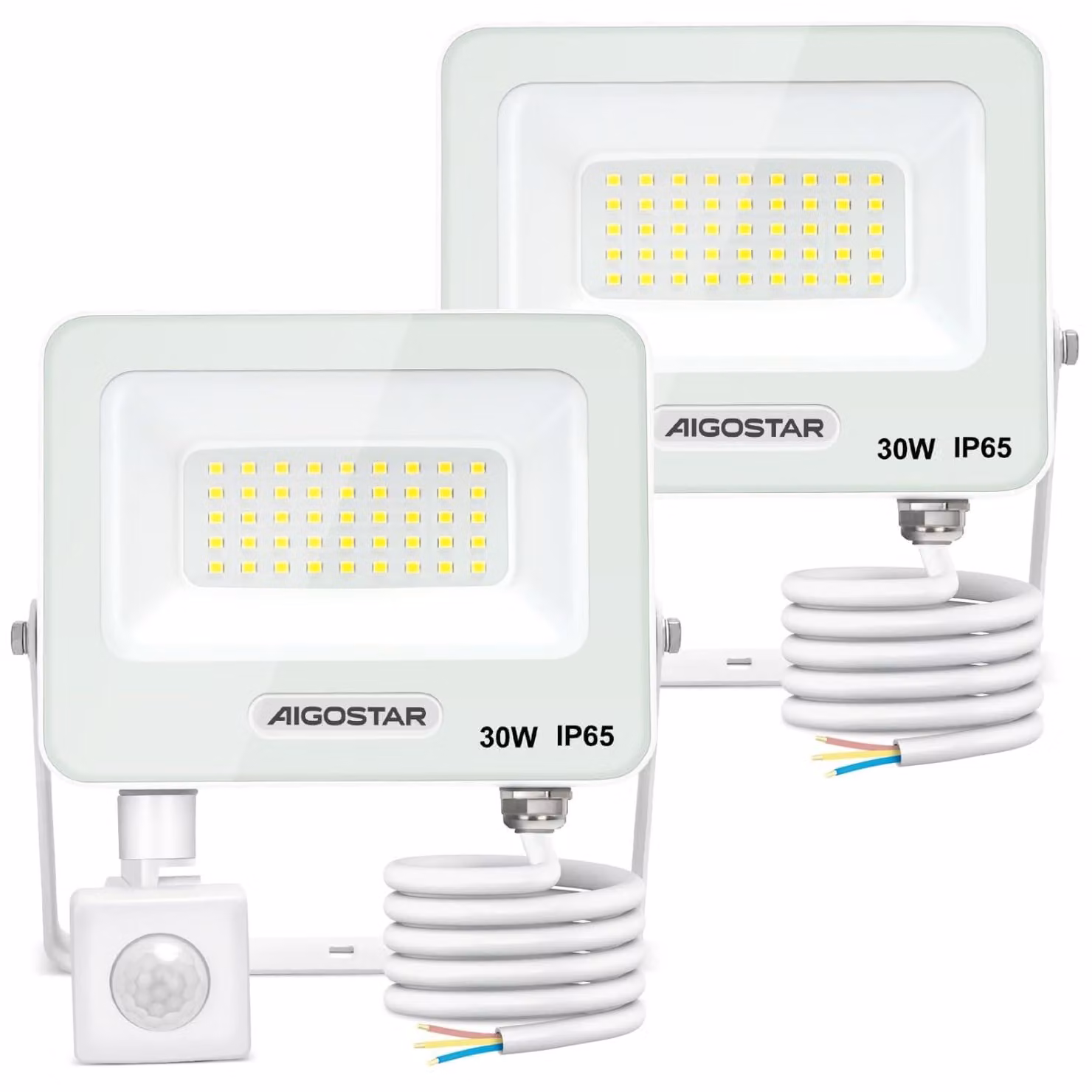 Aigostar, 2 faretti LED da 30W con sensore di movimento per esterni, confezione da 2, 2750LM, 6500K, luce bianca fredda, grado di protezione IP65 (resistente all'acqua), fari per interni ed esterni, ideali per giardini, cortili, case, garage, hotel