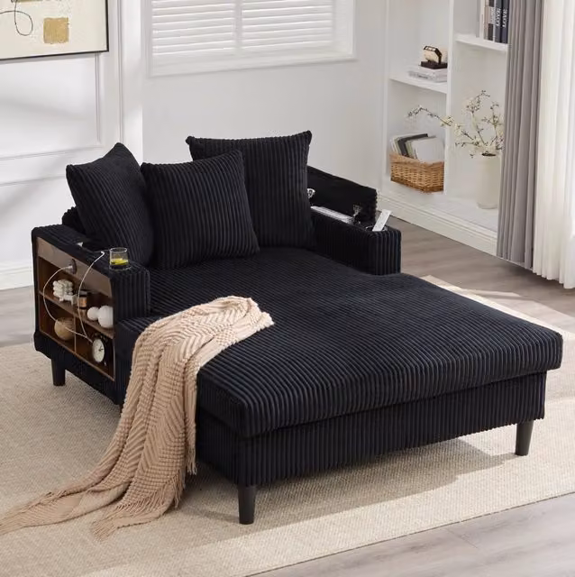 Chaise longue ULEVR 129x170 cm con LED, USB, vano contenitore e portabevande, velluto a coste nero