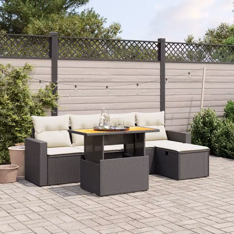 Set Divano da Giardino vidaXL 6 pz in Polyrattan con Cuscini, Tavolino e Ottoman, Design Moderno L-Shape, Nero e Bianco
