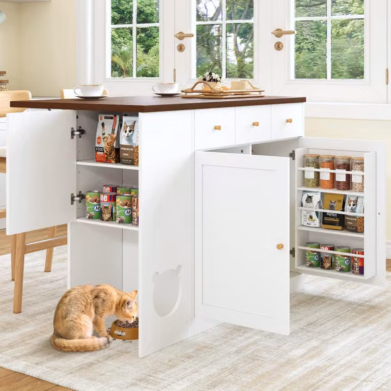 Credenza Merax a isola con piano di lavoro estraibile, zona animali, 3 cassetti, 3 ante, portaspezie, carrello da cucina, mobile da cucina, bianco
