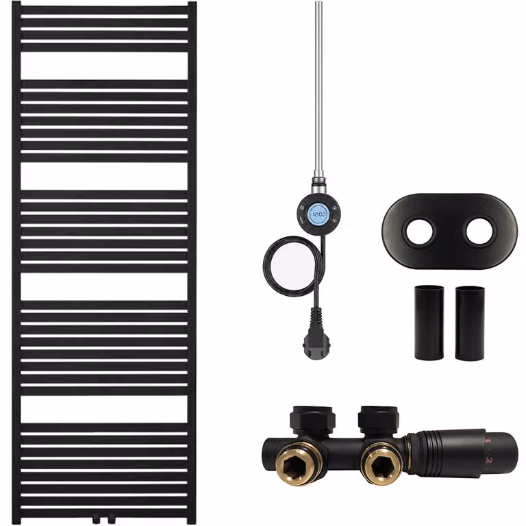 Kit radiatore per bagno Vincenzo - riscaldamento combinato, antenna Wi-Fi - attacco centrale da 50 mm - 600W - nero opaco - 1690x600 mm