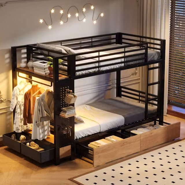Letto a castello in metallo con 4 cassetti e LED, 90x200 cm, nero