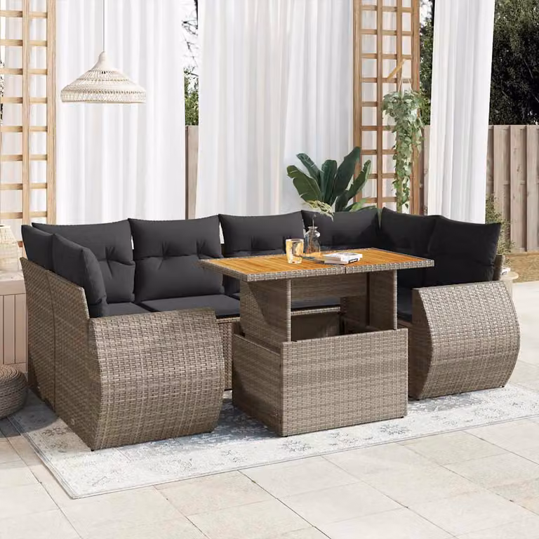 Set da giardino vidaXL in polyrattan grigio con cuscini e tavolino da esterno 7 pz